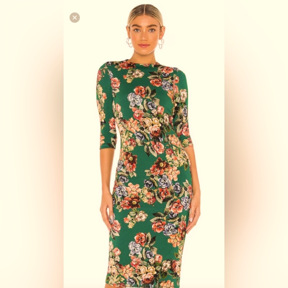 Alice + Olivia, Delora Green Floral Stretch 3/4 Sleeve Midi Bodycon Dress, sz 8